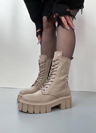 Женские зимние ботинки берцы высокие с мехом бежевые сапоги теплые ботинки кожаные 36-40