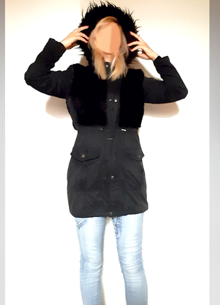 Eur 38-40 женская парка куртка черная капюшон мех средняя утепление8 фото