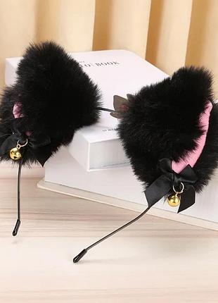 Ушки на обруче черно розовые с колокольчиком аниме