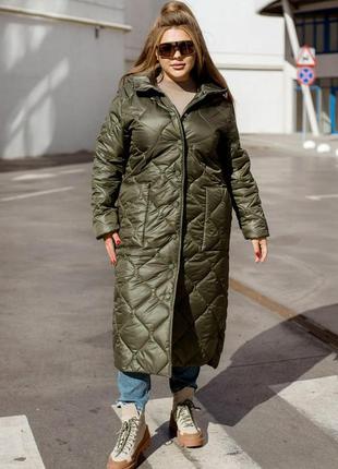 Демисезонная теплая длинная стеганая куртка цвета хаки батал с 46 по 68 размер