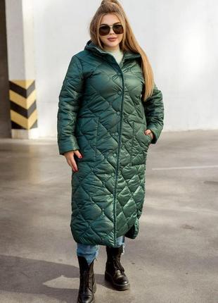 Демісезонна тепла довга стьобана куртка кольору хакі батал з 46 по 68 розмір7 фото
