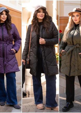 Женская куртка-удлиненая зимняя из плащевки на силиконе 250 размеры батал
