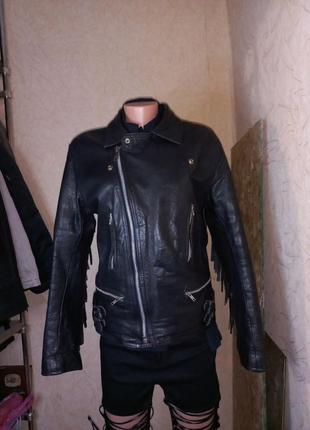 Винтажная кожаная косуха с бахромой, мотокуртка leather biker jacket1 фото