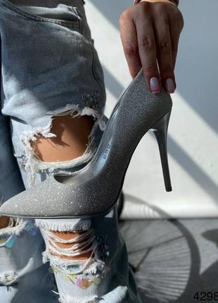 Туфли женские лодочки серебро на шпильке металик9 фото