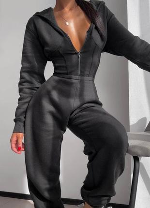 Жіночий чорний стильний сучасний теплий комбінезон з імітацією корсету 2023