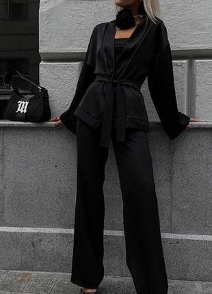 Костюм женский атласный оверсайз рубашка брюки свободного кроя на высокой посадке качественный стильный черный