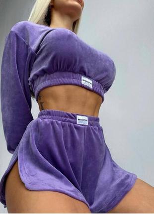 Пижама женская теплая кофта на резинке шорты на высокой посадке качественный теплый плюшевый сиреневый малиновый4 фото