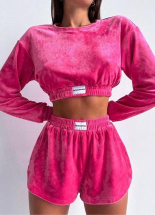 Пижама женская теплая кофта на резинке шорты на высокой посадке качественный теплый плюшевый сиреневый малиновый8 фото