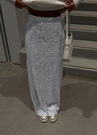 Женская невероятная длинная серебряная элегантная современная стильная юбка люрекс с паэтками 20235 фото