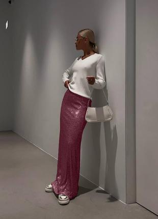 Женская невероятная длинная бордовая элегантная современная стильная юбка люрекс с паэтками 20232 фото