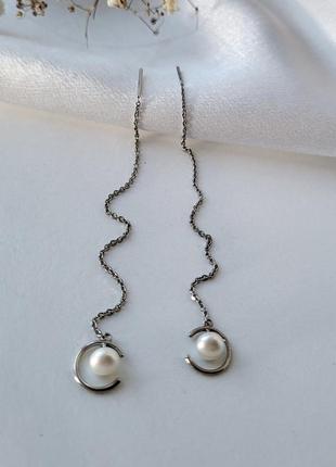 Срібні сережки (пара) сережки ланцюжка протяжки з білим перловим срібло 925 покрито родієм 262815 1.99 г