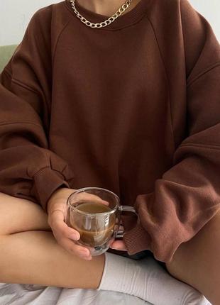 Світшот жіночий на флісі оверсайз однонтонний якісний теплий чорний коричневий5 фото