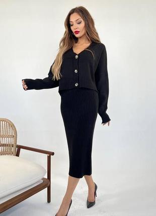 Жіночий стильний чорний костюм комплект кардиган+спідниця трикотаж 2023