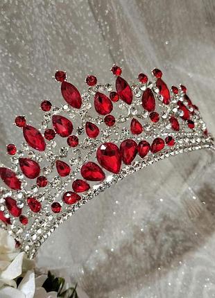 Диадема высокая с кристаллами сваровски, корона, красные камни