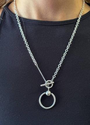Серебряное ожерелье с кулоном о и т-образной застежкой пандора6 фото