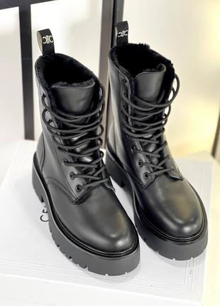 Ботинки женские кожаные черные утеплённые зимние мех брендовые в стиле celine люкс