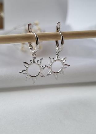 Серебряные серьги (пара) сережки с подвеской солнце без камней серебро 925 пробы родированное 53007р 3.00г5 фото