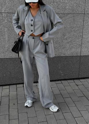 Женский серый трендовый современный комплект костюм пиджак+жилет+брюки 2023