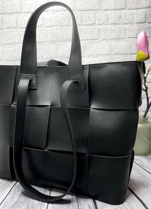 Большая женская сумка двусторонняя плетеная черная мягкая