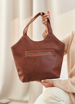 Сумка плетеная кожа классическая вместительная,плетеная кожаная сумка-шоппер экокожа «тэнси»