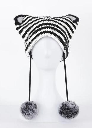 Шапка смужка з котячими вушками в стилі аніме лоліта готика y2k