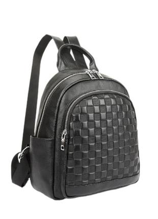Городской женский кожаный рюкзак черный клеточка, рюкзачок для девушек из натуральной кожи6 фото