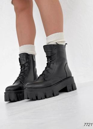 Черные натуральные кожаные зимние ботинки на шнурках шнуровке тракторной подошве платформе кожа зима2 фото