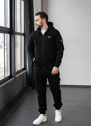 Чоловічий зимовий спортивний костюм stone island чорний на флісі стон айленд теплий з капюшоном (bon)