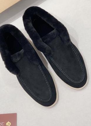 Чорні лофери замш з хутром loro piana