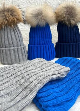 Зимовий комплект шапка і хомут в 4 кольорах сірий, темно синій, синій, електрик2 фото