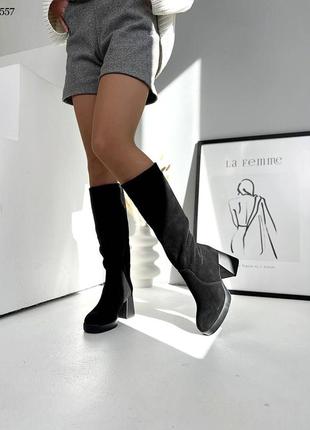 Шикарні жіночі чоботи сапоги сапожки з натуральної шкіри та замші в чорному кольорі, демі та зима1 фото