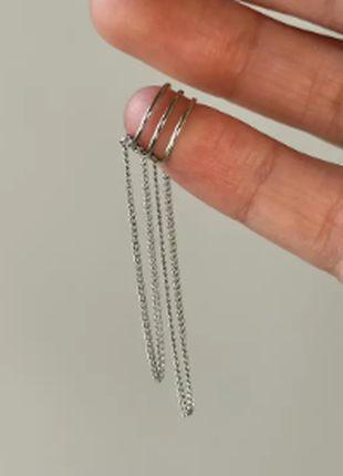 Каффы тройные серебряные на центр уха, серьги без прокола с двумя цепочками разной длины, серебро2 фото