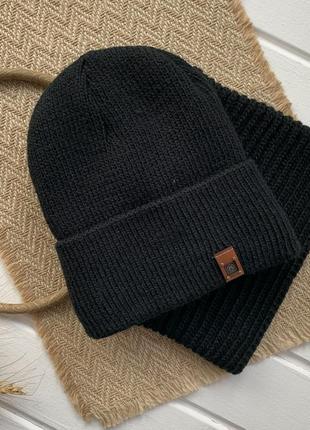 Комплект зимний для мальчика черный шапка хомут