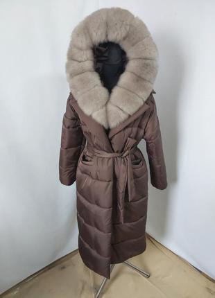 Женский зимний пуховик пальто с натуральным финским песцом в окрасе светлый соболь, 42-56 размеры5 фото