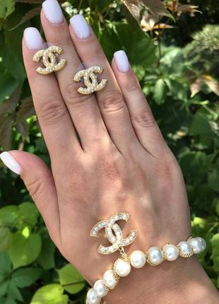 Брендовий набір сережки та браслет у позолоті з перлинами