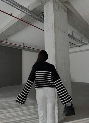 Женский стильный трендовый черно белый свитер в полоску с пуговицами турция вязкая 20232 фото