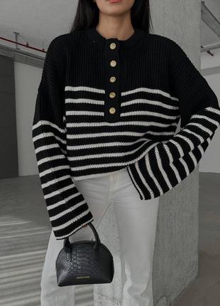 Женский стильный трендовый черно белый свитер в полоску с пуговицами турция вязкая 20234 фото