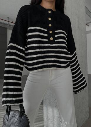 Женский стильный трендовый черно белый свитер в полоску с пуговицами турция вязкая 20233 фото