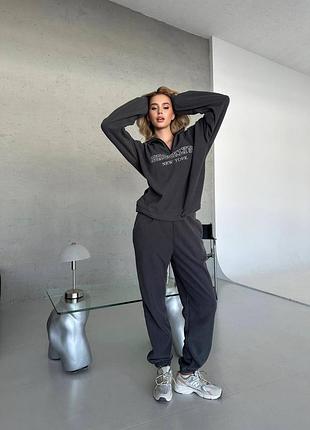 Тёплый спортивный брючный костюм из флиса молочный серый чёрный мятный бирюзовый фисташковый с вышивкой брюки штаны кофта свитер