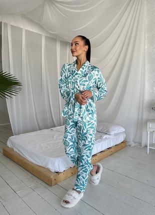 Шелковый костюм для дома/ пижама под пояс с цветочным принтом7 фото