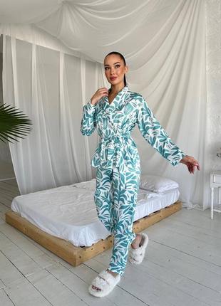 Шелковый костюм для дома/ пижама под пояс с цветочным принтом8 фото