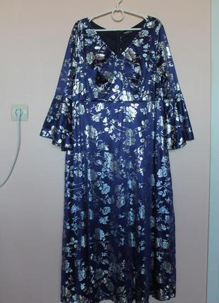 Темно синяя в серебристые цветы праздничное длинное платье, платье вечернее, платье цветочное 54-56 г.7 фото
