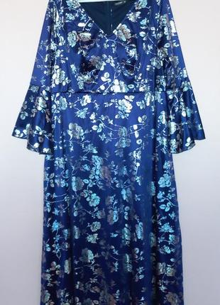 Темно синя в сріблясті квіти святкова довга сукня, сукня вечірня, платье цветочное 54-56 р.