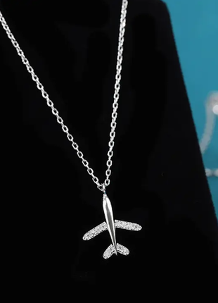 Подвеска серебряная самолет, цепочка + кулон с камнями для путешествий из серебра 925 пробы