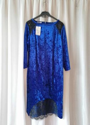 Красива сукня велюр оксамит стрейч вставки з мережива гіпюру колір синій електрик зелений смарагд бо4 фото
