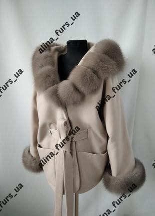 Нежное кашемировое пончо пальто с натуральным мехом песца, пальто пончо 42-56 р.р.1 фото