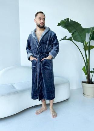 Мужской теплый махровый халат, серый6 фото