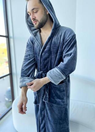 Мужской теплый махровый халат, серый2 фото