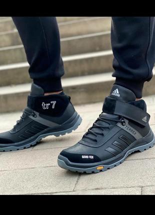 Зимние мужские кожаные кроссовки adidas на липучке, спортивные ботинки на меху1 фото