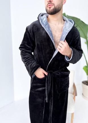 Мужской теплый махровый халат, черный, размер: 3xl